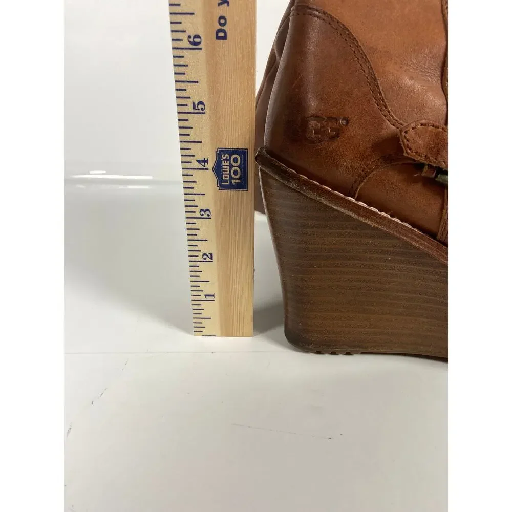 Ugg Wedge Boots Brown Leather Sheepskin Lining Women's Size 9.5